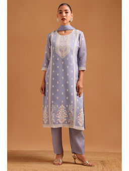 Soch - Womens Purple Chanderi Botanical Embroidered Kurta with Pant & Dupatta