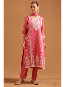 Soch - Womens Pink Chanderi Embroidered Botanical Kurta with Pant & Dupatta