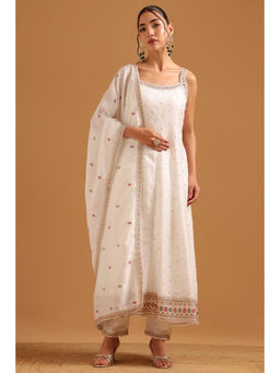 Soch - Womens Off White Embroidered Kurta with Unstitched Sleeves Pant & Dupatta