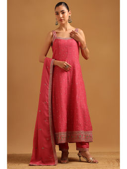Soch - Womens Onion Pink Anarkali kurta with Unstitched Sleeves & Pant Dupatta