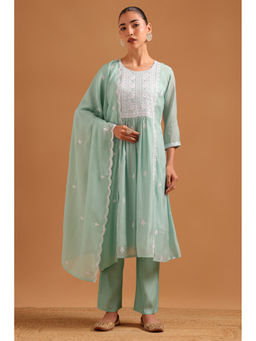 Soch - Womens Turquoise Mul Chanderi Embroidered Kurta with Pant & Dupatta