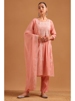 Soch - Womens Peach Mul Chanderi Embroidered Kurta with Pant & Dupatta