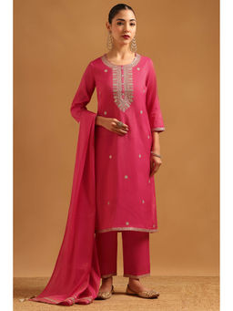 Soch - Womens Fuchsia Tissue Embroidered Kurta with Pant & Dupatta