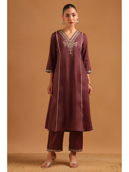 Soch - Womens Wine Viscose Blend Embroidered Kurta with Pant & Dupatta