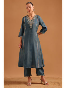 Soch - Womens Teal Viscose Blend Embroidered Kurta with Pant