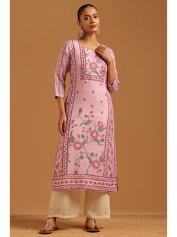 Soch - Womens Blush Pink Linen Botanical Machine Kurta