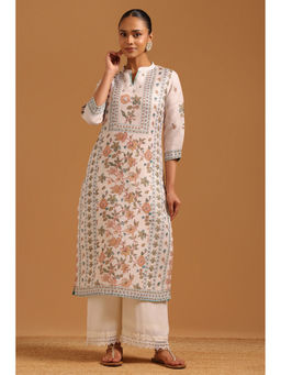 Soch - Womens Cream Linen Digital Printed Botanical Machine Kurta