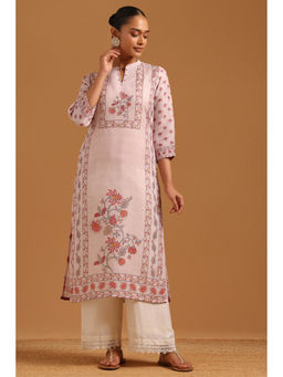 Soch - Womens beige Linen Digital Print Botanical Machine Kurta