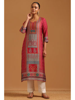 Soch - Womens Magenta Viscose Blend Digital Print Botanical Machine Kurta