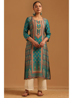 Soch - Womens Teal Viscose Blend Digital Print Ethnic Motifs Kurta