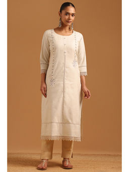 Soch - Womens Beige Linen Embroidered Machine Woven Lace Kurta