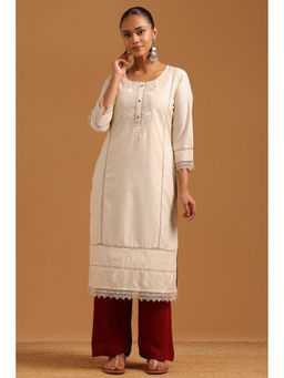 Soch - Womens Beige Linen Blend Embroidered Machine Kurta