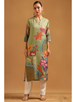 Soch - Womens Sap Green Linen Blend Digital Printed Botanical Kurta