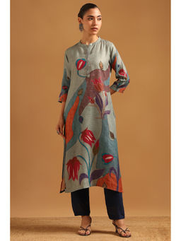 Soch - Womens Grey Linen Blend Digital Print Botanical Kurta