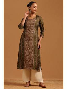 Soch - Womens Olive Dola Silk Printed Geometric Hand Embroidery Kurta