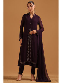 Soch - Womens Wine Georgette Stone Work Kurta with Churidar & Dupatta