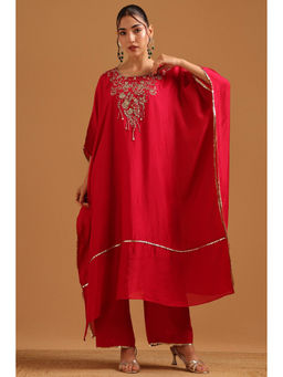 Soch - Womens Fuchsia Dola Silk Zari Embroidered Kaftan Kurta with Inner & Pant