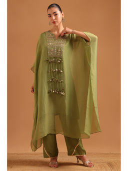 Soch - Womens Light Green Tissue Embroidered Kaftan Kurta with Pant & Inner