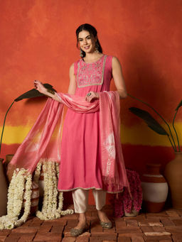 Stylum - Womens Peach Embroidered Rayon A-Line Kurta With Dupatta