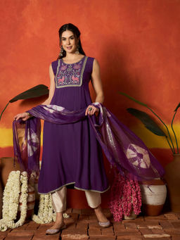 Stylum - Womens Purple Embroidered Rayon A-Line Kurta With Pant & Dupatta