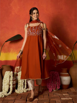 Stylum - Womens Rust Embroidered Rayon A-Line Kurta With Pant & Dupatta