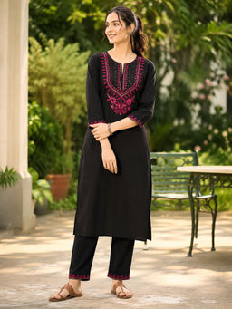 Nayam by lakshita - Bloom Embroidered Black Kurta With Pant