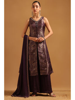 Soch - Womens Purple Brocade Kurta with Pair of Unstitched Sleeves Palazzo & Dupatta