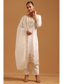Soch - Womens Off White Viscose Embroidered Machine Kurta with Pant & Dupatta