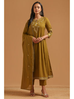 Soch - Womens Olive Cotton Embroidered Botanical Kurta With Pant & Dupatta