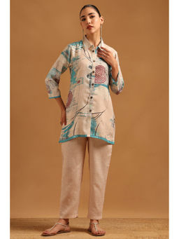 Soch - Womens Beige Linen Digital Printed Abstract Co-Ord Set