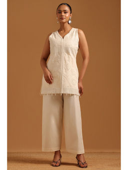Soch - Womens Cream Cotton Embroidered Mirror-Work Kurti With Palazzo