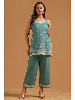 Soch - Womens Teal Cotton Embroidered Ethnic Motifs Sequence Kurti With Pant