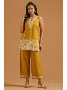 Soch - Womens Mustard Cotton Embroidered Botanical Sequence Kurti with Palazzo