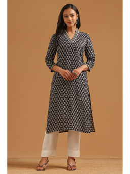 Soch - Womens Black Rayon Screen Printed Botanical Mirror-Work Kurta