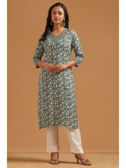 Soch - Womens Green Rayon Screen Floral Print Botanical Kurta