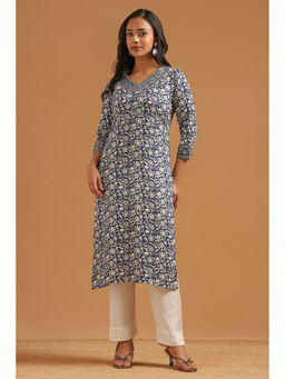 Soch - Womens Navy Blue Rayon Screen Floral Print Botanical Kurta