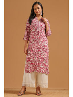 Soch - Womens Magenta Rayon Screen Printed Botanical Kurta