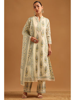Soch - Womens Cream Cotton Botanical Kurta with Pant & Dupatta