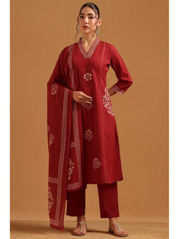 Soch - Womens Maroon Cotton Botanical Applique Salwar Suit