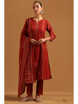 Soch - Womens Brick Red Cotton Embroidered Faux Kurta with Pant & Dupatta