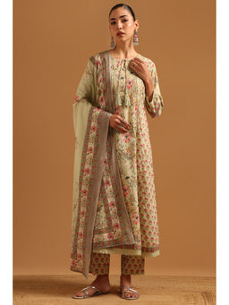 Soch - Womens Light Green Cotton Digital Printed Botanical Kurta with Pant & Dupatta