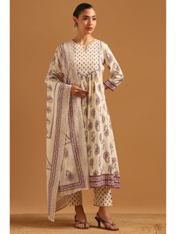 Soch - Womens Off-White Cotton Block Printed Paisley Kurta with Pant & Dupatta