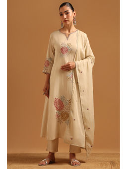 Soch - Womens Beige Cotton Solid Thread Work Kurta with Pant & Dupatta