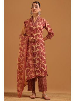 Soch - Womens Peach Cotton Digital Print Botanical Kurta with Pant & Dupatta