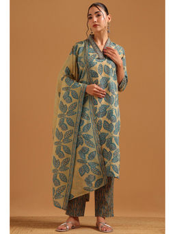 Soch - Womens Blue Cotton Digital Printed Botanical Kurta with Pant & Dupatta