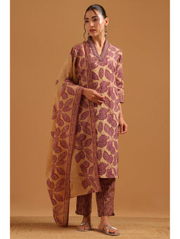 Soch - Womens Purple Cotton Digital Print Botanical Kurta with Pant & Dupatta