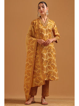 Soch - Womens Mustard Cotton Digital Printed Botanical Kurta With Pant & Dupatta