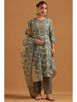 Soch - Womens Blue Cotton Blend Digital Printed Botanical Kurta With Pant & Dupatta
