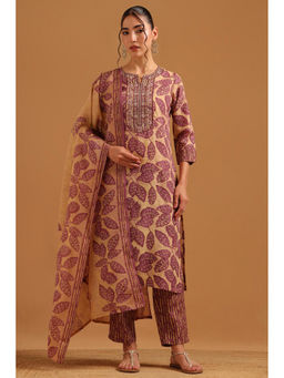Soch - Womens Peach Cotton Blend Digital Printed Botanical Kurta With Pant & Dupatta