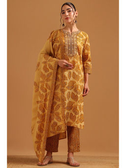 Soch - Womens Mustard Cotton Blend Digital Printed Botanical Kurta With Pant & Dupatta